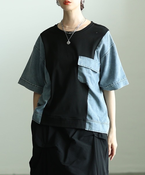 Sawa a la mode(サワアラモード)の「異素材デニムドッキングカットソー(Tシャツ/カットソー・レディース・ブラック/ホワイト・FREE)」の2枚目の写真