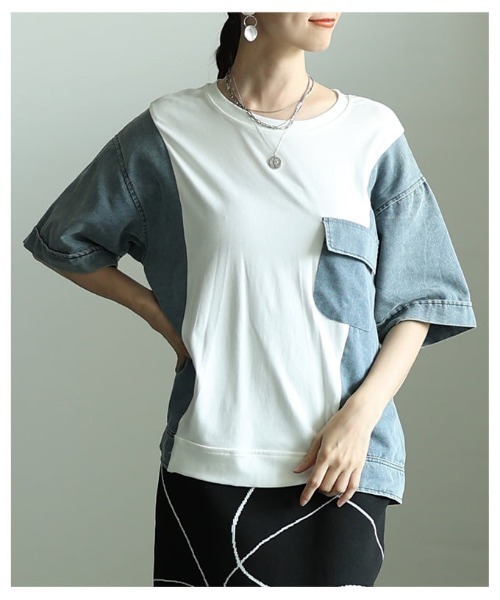 Sawa a la mode(サワアラモード)の「異素材デニムドッキングカットソー(Tシャツ/カットソー・レディース・ブラック/ホワイト・FREE)」の5枚目の写真