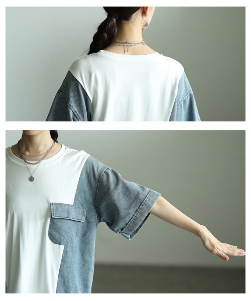 Sawa a la mode(サワアラモード)の「異素材デニムドッキングカットソー(Tシャツ/カットソー・レディース・ブラック/ホワイト・FREE)」の6枚目の写真