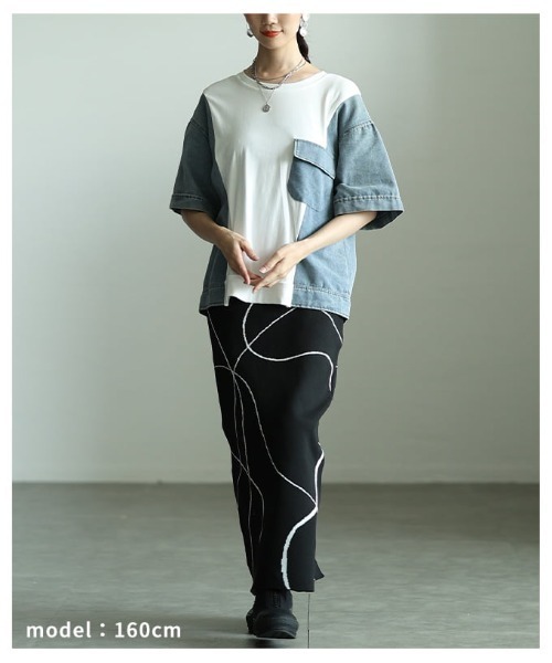 Sawa a la mode(サワアラモード)の「異素材デニムドッキングカットソー(Tシャツ/カットソー・レディース・ブラック/ホワイト・FREE)」の8枚目の写真