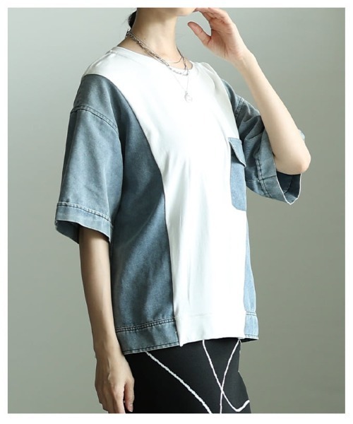 Sawa a la mode(サワアラモード)の「異素材デニムドッキングカットソー(Tシャツ/カットソー・レディース・ブラック/ホワイト・FREE)」の9枚目の写真