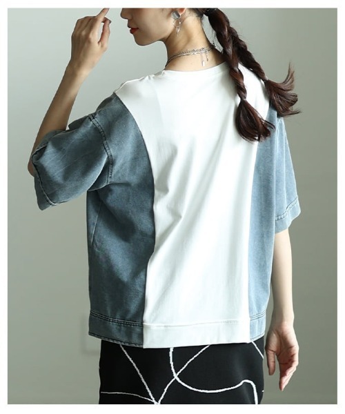Sawa a la mode(サワアラモード)の「異素材デニムドッキングカットソー(Tシャツ/カットソー・レディース・ブラック/ホワイト・FREE)」の10枚目の写真