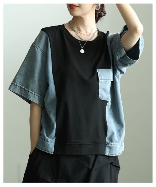Sawa a la mode(サワアラモード)の「異素材デニムドッキングカットソー(Tシャツ/カットソー・レディース・ブラック/ホワイト・FREE)」の13枚目の写真