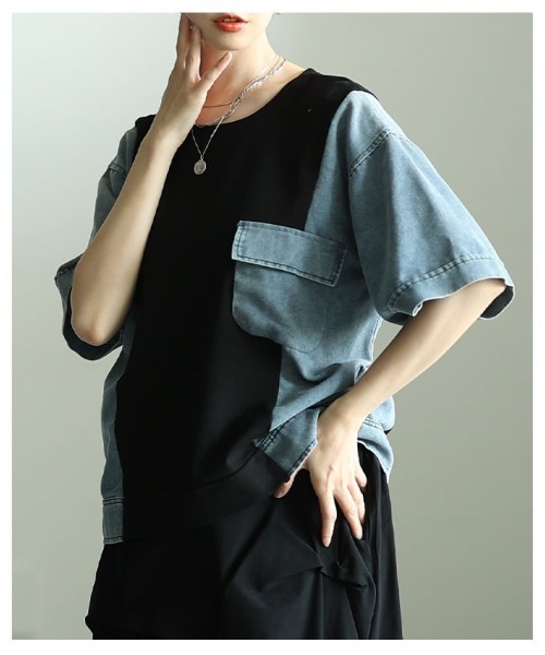Sawa a la mode(サワアラモード)の「異素材デニムドッキングカットソー(Tシャツ/カットソー・レディース・ブラック/ホワイト・FREE)」の16枚目の写真
