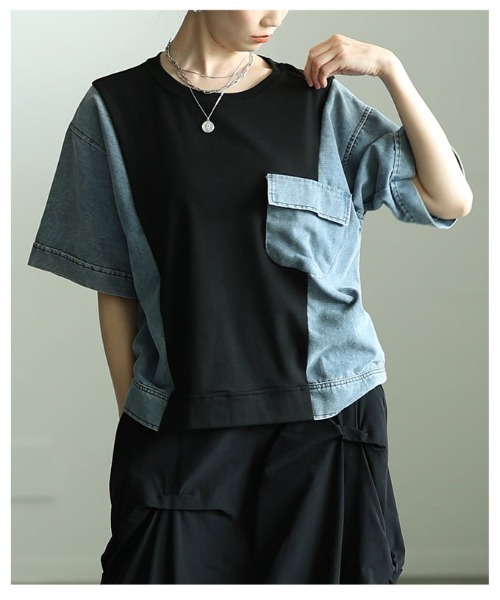 Sawa a la mode(サワアラモード)の「異素材デニムドッキングカットソー(Tシャツ/カットソー・レディース・ブラック/ホワイト・FREE)」の17枚目の写真