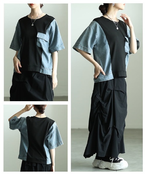 Sawa a la mode(サワアラモード)の「異素材デニムドッキングカットソー(Tシャツ/カットソー・レディース・ブラック/ホワイト・FREE)」の18枚目の写真