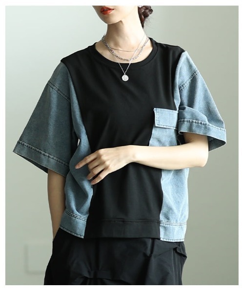 Sawa a la mode(サワアラモード)の「異素材デニムドッキングカットソー(Tシャツ/カットソー・レディース・ブラック/ホワイト・FREE)」の19枚目の写真
