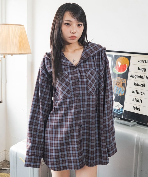 WEGO(ウィゴー)の「WEGO/【26年秋冬新作】フードチェックシャツ(シャツ/ブラウス・レディース・ブラック系その他2/ブラウン系その他2・FREE)」の1枚目の写真