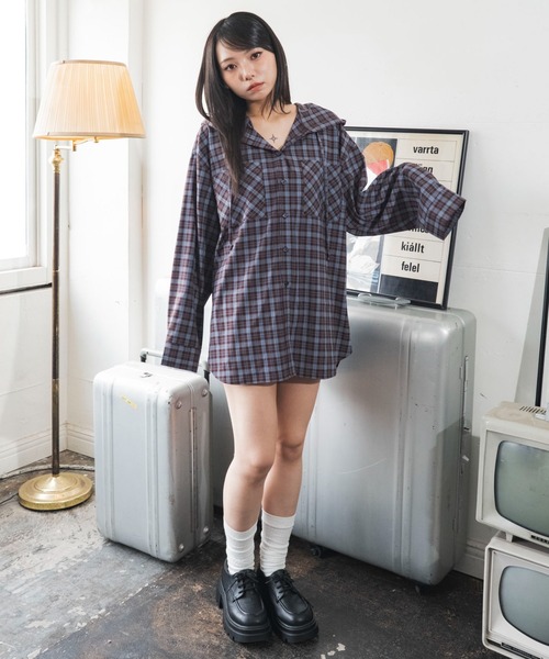WEGO(ウィゴー)の「WEGO/【26年秋冬新作】フードチェックシャツ(シャツ/ブラウス・レディース・ブラック系その他2/ブラウン系その他2・FREE)」の3枚目の写真