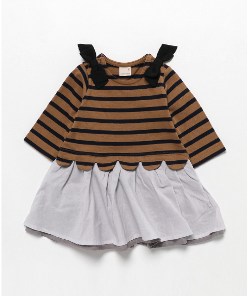 Petit Main プティマイン の 肩リボン付き裾スカラップボーダーロンパース ロンパース Wear