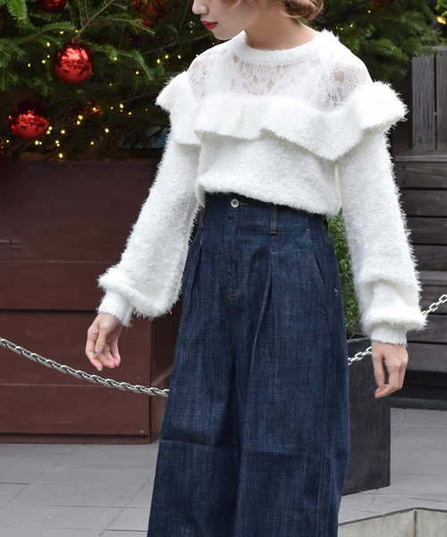 w closet(ダブルクローゼット)の「フラグフェザーレース切替フリルニット(ニット/セーター・レディース・ブラック/パープル系その他/ホワイト/グレー・FREE)」の8枚目の写真