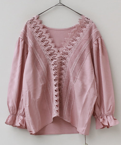 REAL CUBE（リアルキューブ）の「huitieme nid フロントレースブラウス（シャツ/ブラウス・レディース・ライトグレー/ブラック/オフホワイト/ピンク・FREE）」の4枚目の写真