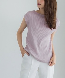 フレンチスリーブ リブニットトップス　サマーニット　フレンチ袖　薄手ニット