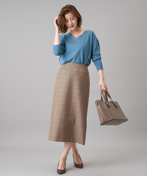 RIVE DROITE（リヴドロワ）の「チェックロングナロースカート（スカート・レディース・ベージュ/ブラウン・38/36）」の2枚目の写真