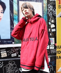 rovtski 【ビッグシルエット】フェイクスウェードバックプリントハーフZIPパーカー