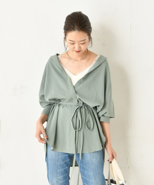 DouDou（ドゥドゥ）の「ベルト付き前開きシャツ（シャツ/ブラウス・レディース・ベージュ/ブラウン/グリーン・FREE）」の11枚目の写真