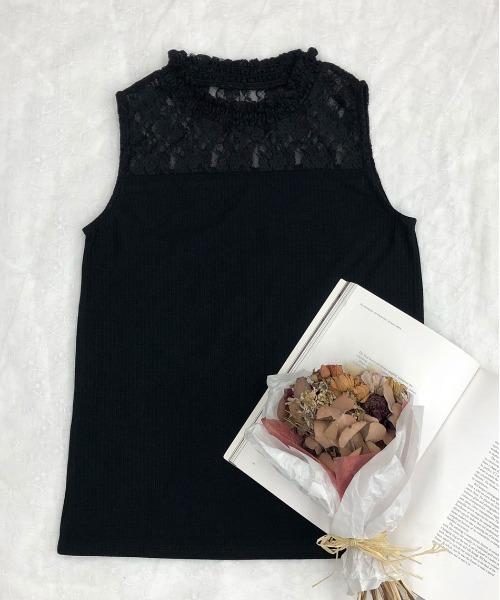 PairPair(ペアペア)の「ハイネックレースタンク(タンクトップ・レディース・ブラック/オフホワイト・FREE)」の1枚目の写真