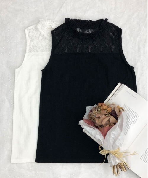 PairPair(ペアペア)の「ハイネックレースタンク(タンクトップ・レディース・ブラック/オフホワイト・FREE)」の3枚目の写真