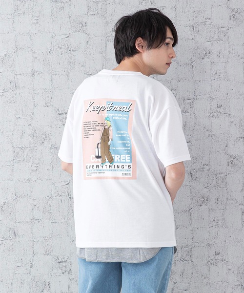 JEANS MATE(ジーンズメイト)の「ポンチTシャツタンクアンサンブル Tシャツ/タンクトップセットアップ バックプリント ワンポイントプリント/刺繍(Tシャツ/カットソー・メンズ・ベージュ/ブルー/オフホワイト/ホワイト/スミクロ・MEDIUM/LARGE)」の2枚目の写真