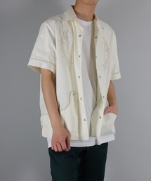 S/S EMBROIDERED  COTTON SHIRT / 刺繍モチーフ パイピング オープンカラーシャツ