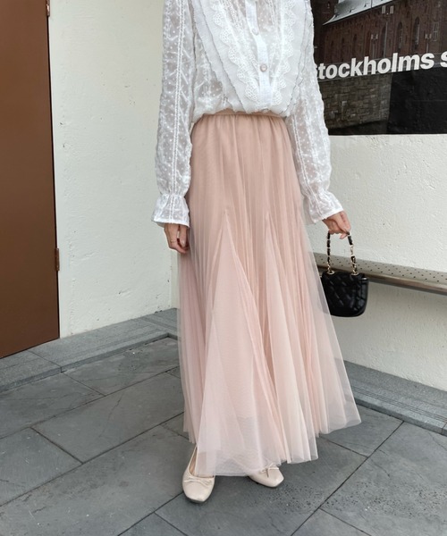 emi+（エミプラス）の「タック切り替えボリュームプリーツチュールスカート（スカート・レディース・グレー/ライトグリーン/ピンクベージュ/ブラック・FREE）」の5枚目の写真