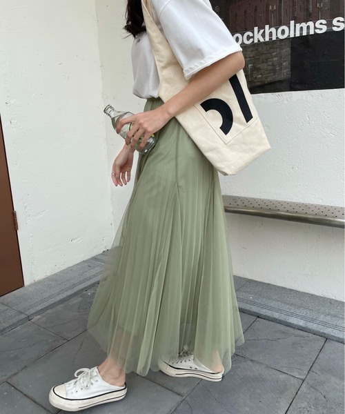 emi+（エミプラス）の「タック切り替えボリュームプリーツチュールスカート（スカート・レディース・グレー/ライトグリーン/ピンクベージュ/ブラック・FREE）」の7枚目の写真