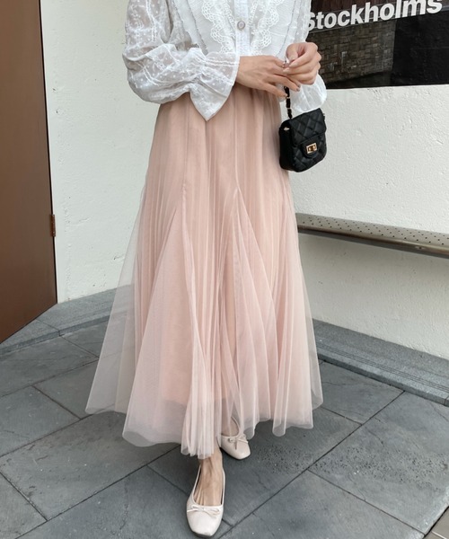 emi+（エミプラス）の「タック切り替えボリュームプリーツチュールスカート（スカート・レディース・グレー/ライトグリーン/ピンクベージュ/ブラック・FREE）」の9枚目の写真