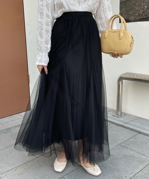 emi+（エミプラス）の「タック切り替えボリュームプリーツチュールスカート（スカート・レディース・グレー/ライトグリーン/ピンクベージュ/ブラック・FREE）」の10枚目の写真