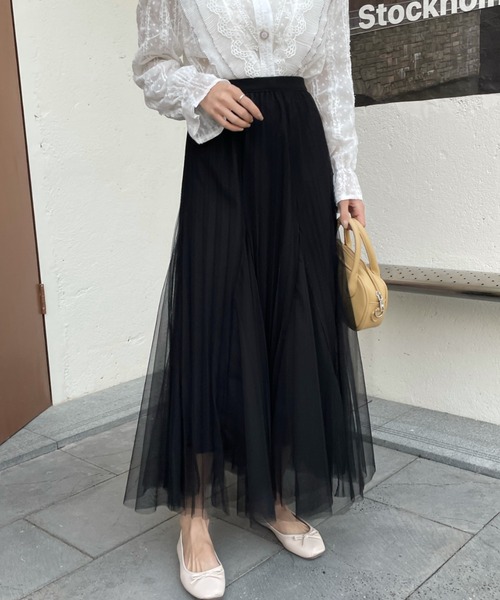 emi+（エミプラス）の「タック切り替えボリュームプリーツチュールスカート（スカート・レディース・グレー/ライトグリーン/ピンクベージュ/ブラック・FREE）」の12枚目の写真