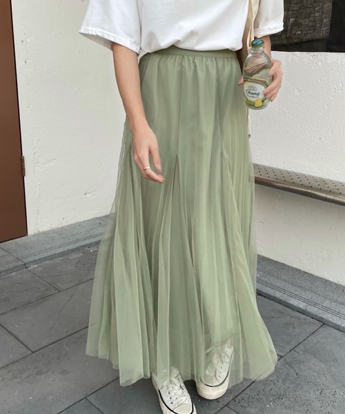 emi+（エミプラス）の「タック切り替えボリュームプリーツチュールスカート（スカート・レディース・グレー/ライトグリーン/ピンクベージュ/ブラック・FREE）」の15枚目の写真