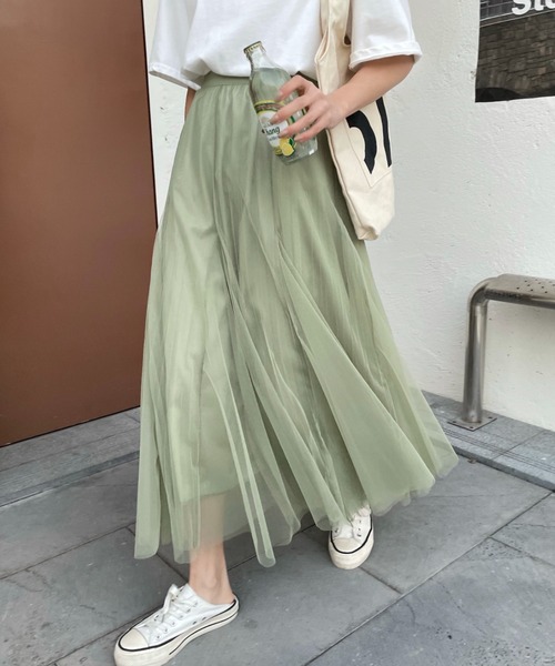 emi+（エミプラス）の「タック切り替えボリュームプリーツチュールスカート（スカート・レディース・グレー/ライトグリーン/ピンクベージュ/ブラック・FREE）」の16枚目の写真