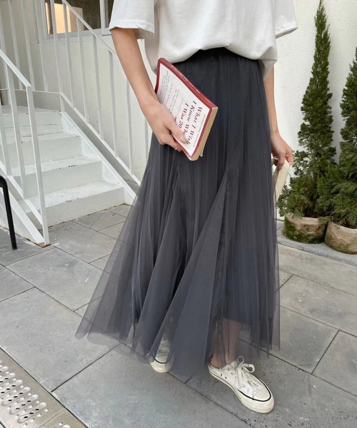 emi+（エミプラス）の「タック切り替えボリュームプリーツチュールスカート（スカート・レディース・グレー/ライトグリーン/ピンクベージュ/ブラック・FREE）」の18枚目の写真