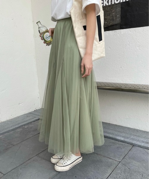 emi+（エミプラス）の「タック切り替えボリュームプリーツチュールスカート（スカート・レディース・グレー/ライトグリーン/ピンクベージュ/ブラック・FREE）」の19枚目の写真