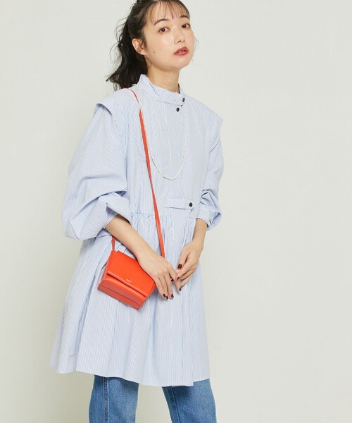 FREAK'S STORE（フリークスストア）の「バルーンスリーブフレアミニワンピース(バンドカラーシャツワンピース)（シャツワンピース・レディース・ホワイト/ブラック/サックスブルー/ピンク/マスタード・ﾌﾘ-）」の3枚目の写真