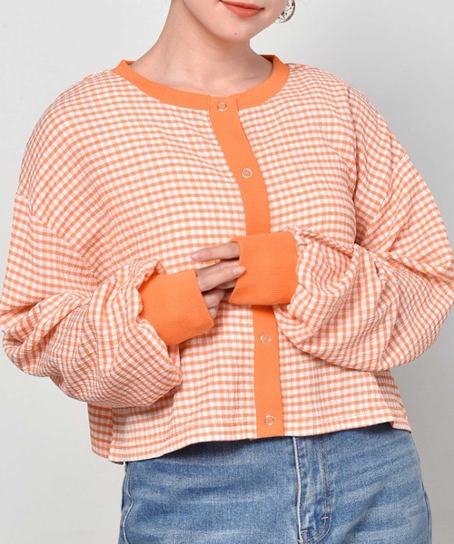 ems excite（エムズエキサイト）の「ギンガムチェックカットカーデ（カーディガン/ボレロ・レディース・オレンジ系その他/ブラック系その他/グリーン系その他・FREE）」の3枚目の写真