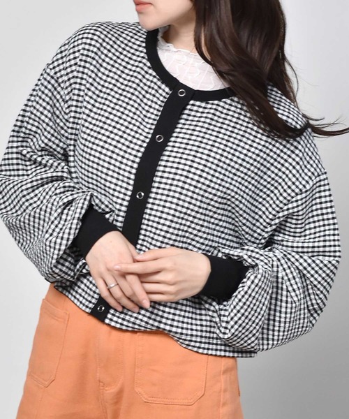 ems excite（エムズエキサイト）の「ギンガムチェックカットカーデ（カーディガン/ボレロ・レディース・オレンジ系その他/ブラック系その他/グリーン系その他・FREE）」の4枚目の写真