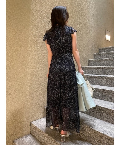 シフォンプリーツプリントワンピース