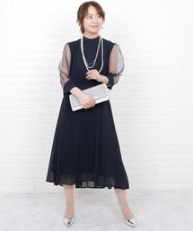 シースルー袖シフォンプリーツワンピースドレス