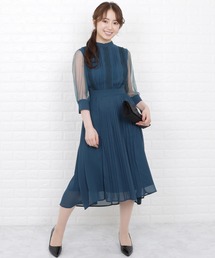 シースルー袖シフォンプリーツワンピースドレス