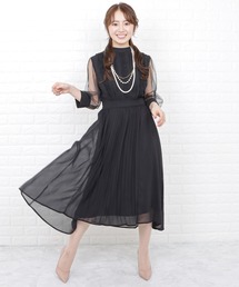 シースルー袖シフォンプリーツワンピースドレス
