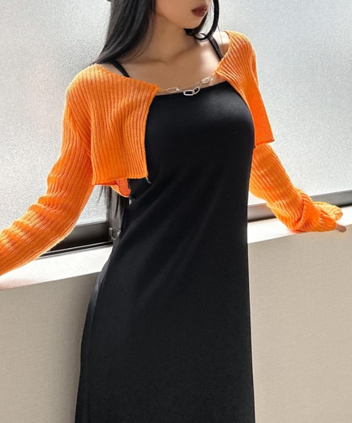 LVEU.（ラブユ.）の「【LVEU.】チェーンデザインシアーニットカーディガン / トップス カーディガン カーデ チェーン シアー メッシュ クロップド ショート 長袖 ブラック ライトグリーン 黄緑 ブルー オレンジ ネオンカラー（カーディガン/ボレロ・レディース・ブラック/ライトグリーン/オレンジ/ブルー・FREE）」の4枚目の写真