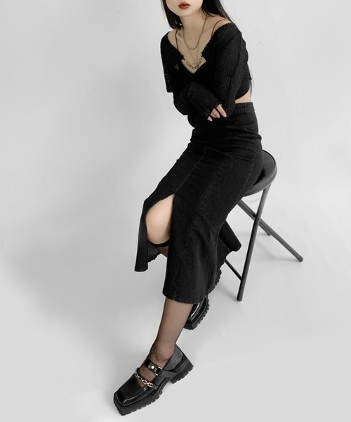 LVEU.（ラブユ.）の「【LVEU.】チェーンデザインシアーニットカーディガン / トップス カーディガン カーデ チェーン シアー メッシュ クロップド ショート 長袖 ブラック ライトグリーン 黄緑 ブルー オレンジ ネオンカラー（カーディガン/ボレロ・レディース・ブラック/ライトグリーン/オレンジ/ブルー・FREE）」の10枚目の写真