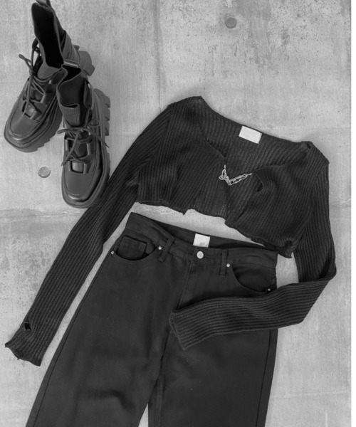 LVEU.（ラブユ.）の「【LVEU.】チェーンデザインシアーニットカーディガン / トップス カーディガン カーデ チェーン シアー メッシュ クロップド ショート 長袖 ブラック ライトグリーン 黄緑 ブルー オレンジ ネオンカラー（カーディガン/ボレロ・レディース・ブラック/ライトグリーン/オレンジ/ブルー・FREE）」の8枚目の写真