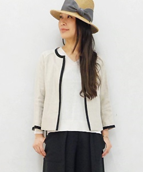 FIGARO Paris（フィガロパリ）の「◆リネンツイルノーカラージャケット（ノーカラージャケット・レディース・ブラック/アイボリー・36/38）」の2枚目の写真