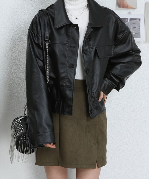 MAISON DE THERESE(メゾン ド テレーズ)の「ビッグサイズ フェイクレザージャケット ライダースジャケット(ライダースジャケット・レディース・キャメル/ブラック・FREE)」の13枚目の写真