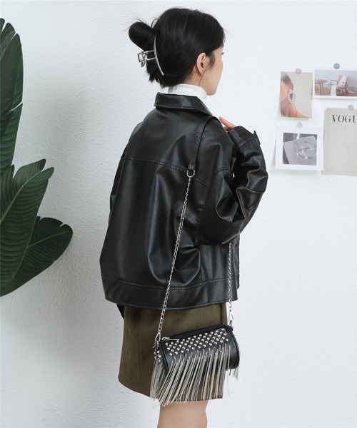 MAISON DE THERESE(メゾン ド テレーズ)の「ビッグサイズ フェイクレザージャケット ライダースジャケット(ライダースジャケット・レディース・キャメル/ブラック・FREE)」の18枚目の写真