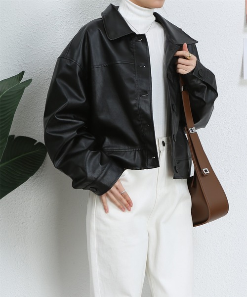 MAISON DE THERESE(メゾン ド テレーズ)の「ビッグサイズ フェイクレザージャケット ライダースジャケット(ライダースジャケット・レディース・キャメル/ブラック・FREE)」の20枚目の写真