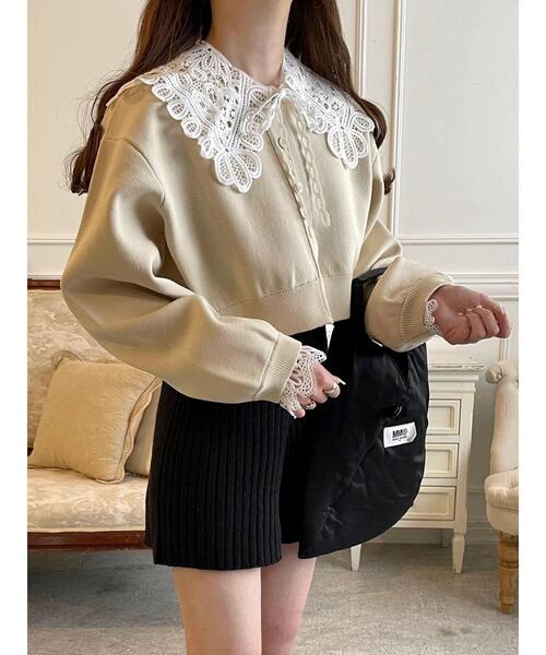 Green　Parks（グリーンパークス）の「レース衿付きニットカーディガン（カーディガン/ボレロ・レディース・ブラック/ピンク/ホワイト・FREE）」の15枚目の写真