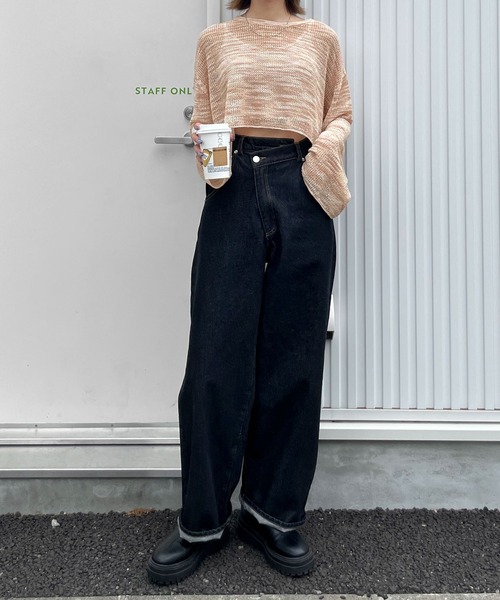 Chillfar（チルファー）の「ショート丈メッシュトップス（ニット/セーター・レディース・ブルー/ブラック/ベージュ/オレンジ・FREE）」の14枚目の写真