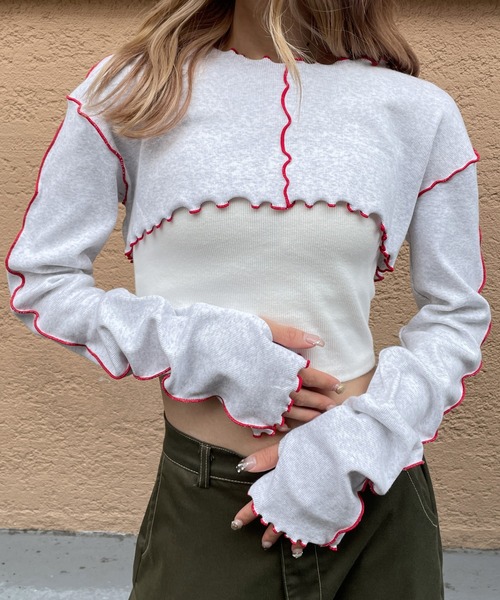 SPINNS（スピンズ）の「【前後ろ2WAY仕様】スーパーショート丈 メローカットソー（Tシャツ/カットソー・レディース・オートミール/チャコール/ブラック・ONESIZE）」の3枚目の写真